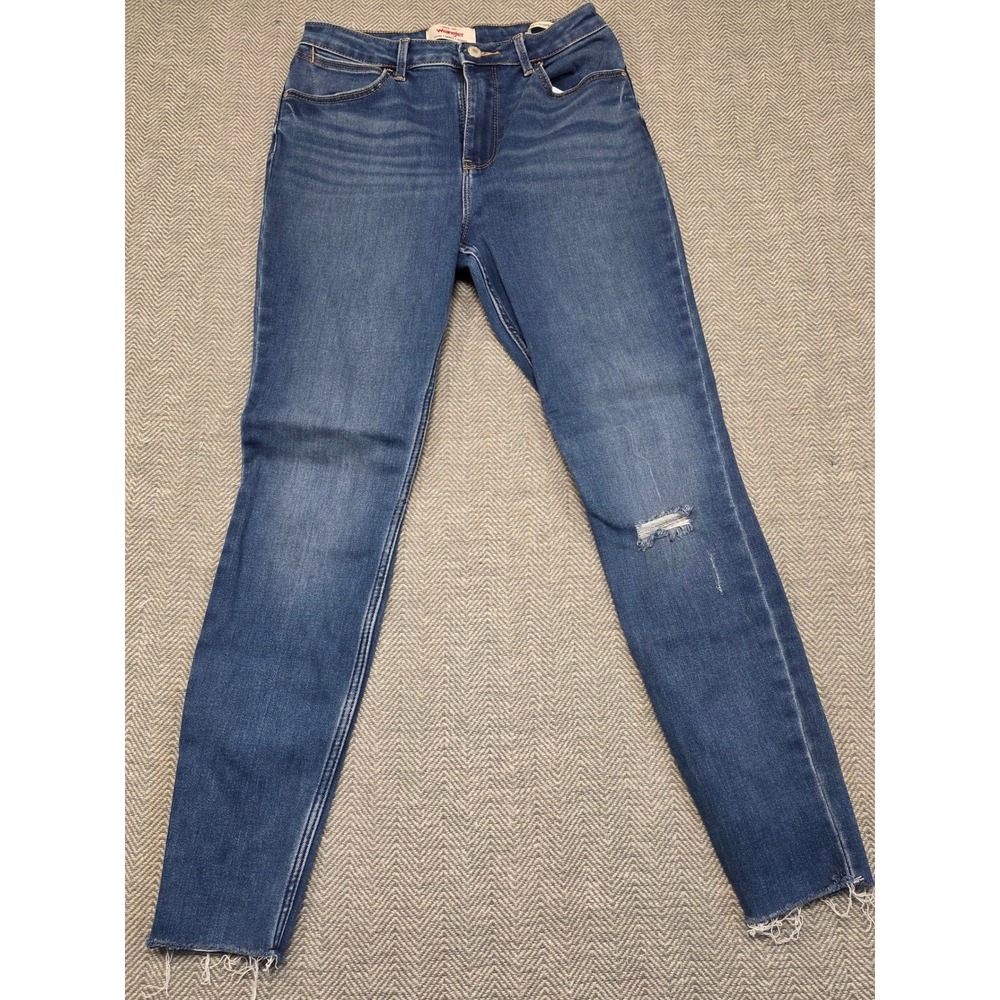 Wrangler High Rise Unforgettable Skinny Jeans Blue Distressed Raw Hem